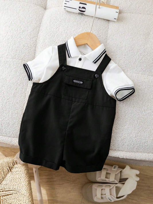 Colorblock Flat Knit Collar Polo Shirt & Suspender Shorts Set
