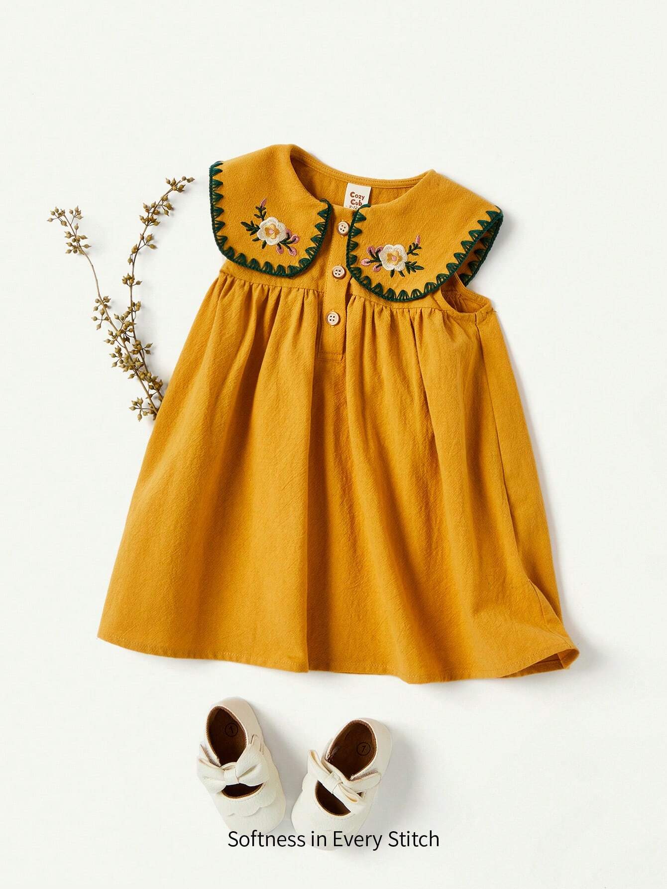 Baby Girl Floral Embroidered Sleeveless Dress With Sailor Collar And Front Buttons Yellow