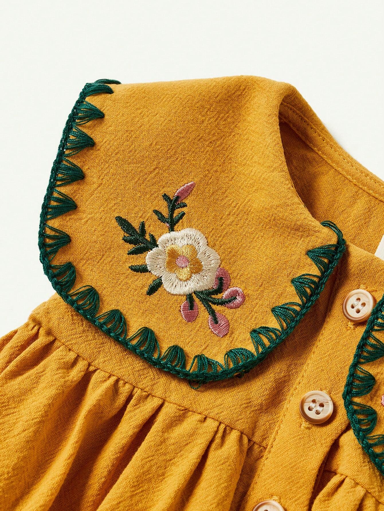Baby Girl Floral Embroidered Sleeveless Dress With Sailor Collar And Front Buttons
