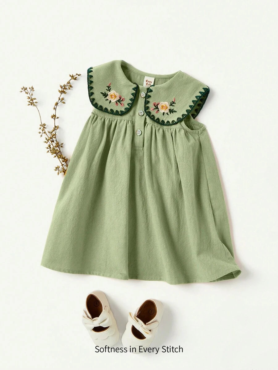 Cozy Pixies Baby Girl Floral Embroidered Sleeveless Dress Cadet Blue