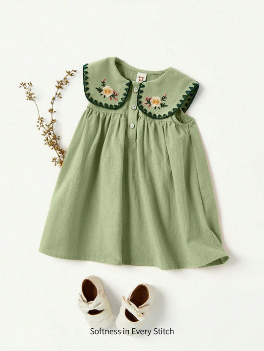 Cozy Pixies Baby Girl Floral Embroidered Sleeveless Dress Cadet Blue