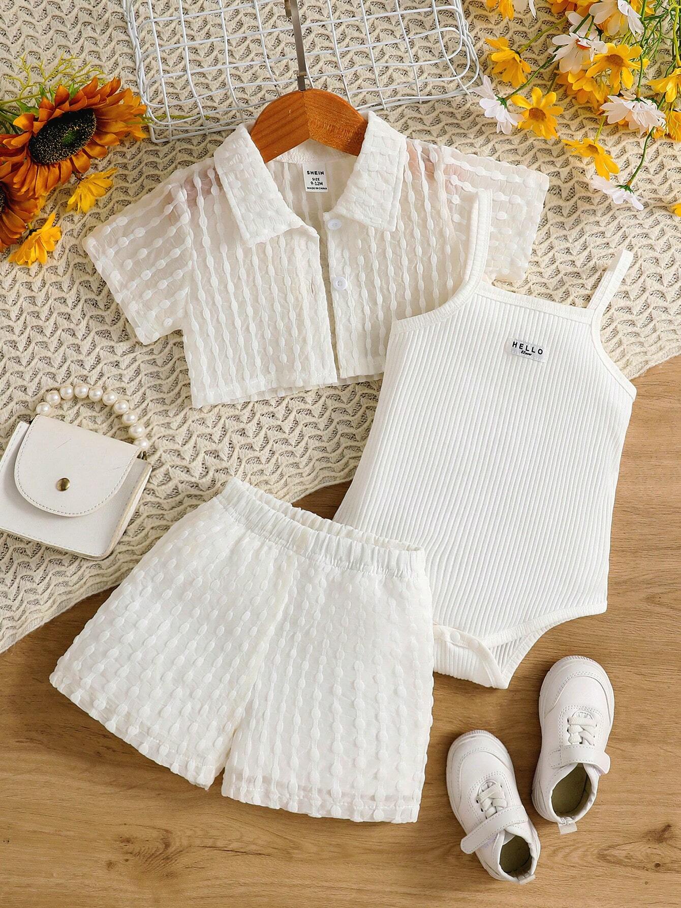 3pcs Baby Girls Vacation Casual Textured Fabric Shirt, Shorts + Jumpsuit