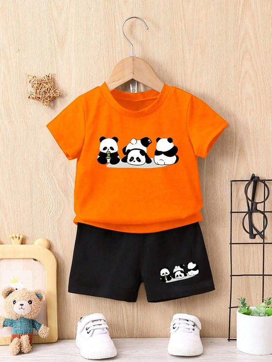 2pcs Cute Panda Printed Baby Boys Casual Daily Wear Sporty Outfit
