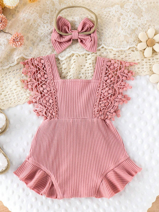 Cute Baby Girl's Soft, Comfortable, Breathable Solid Color Hollow Out Fringe Dress Romper With Headband