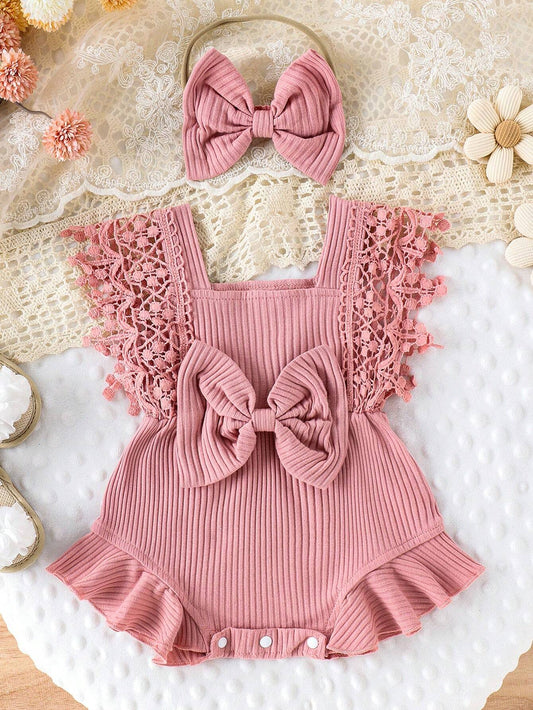 Cute Baby Girl's Soft, Comfortable, Breathable Solid Color Hollow Out Fringe Dress Romper With Headband Pink