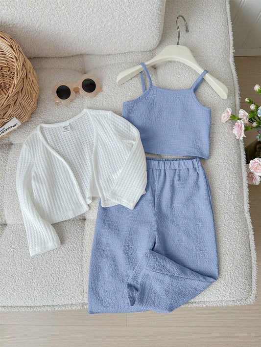 Baby Girl Cute Casual Knitted Long Sleeve Cardigan, Solid Color Tank Top & Long Pants Blue