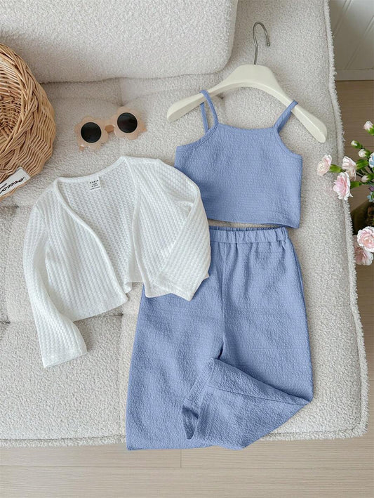 Baby Girl Cute Casual Knitted Long Sleeve Cardigan, Solid Color Tank Top & Long Pants Blue 12-18M