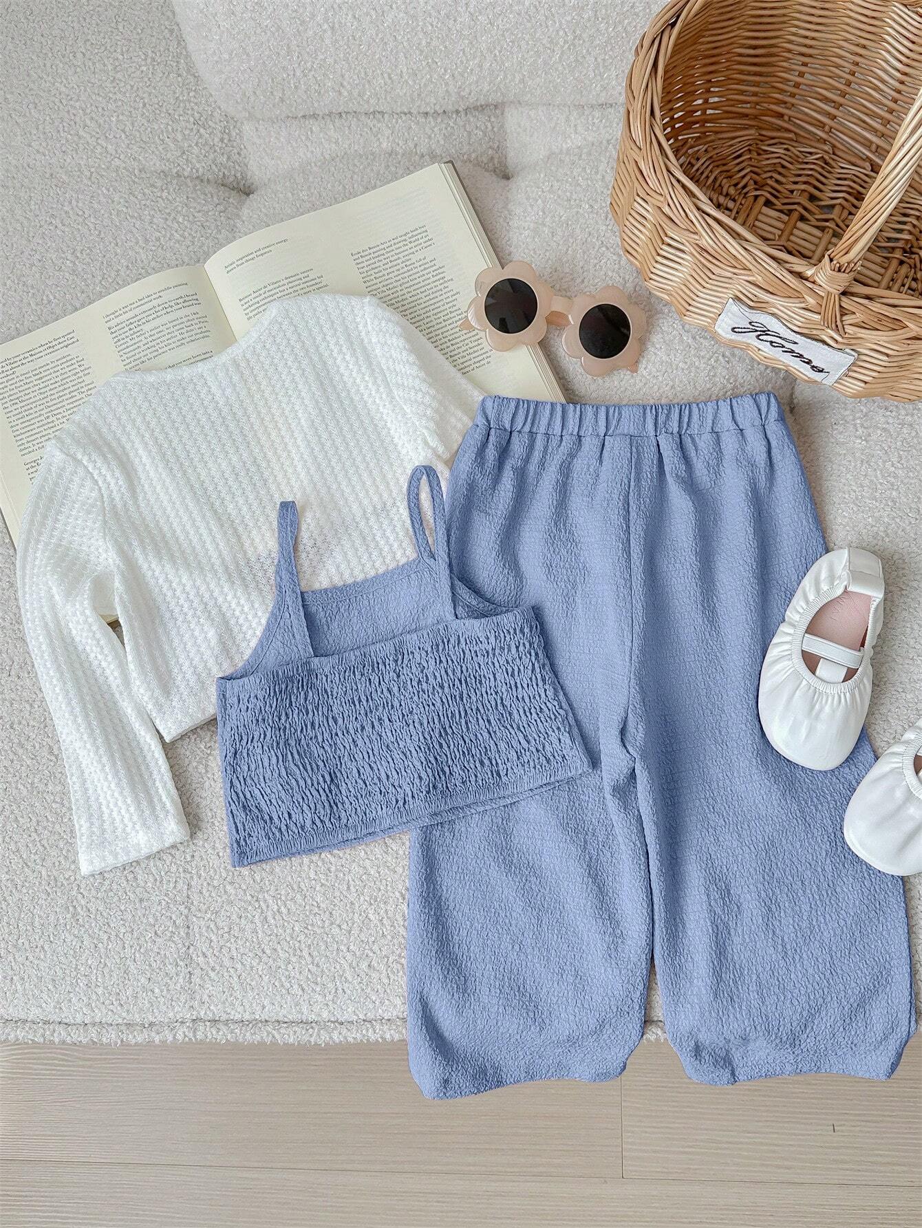 Baby Girl Cute Casual Knitted Long Sleeve Cardigan, Solid Color Tank Top & Long Pants