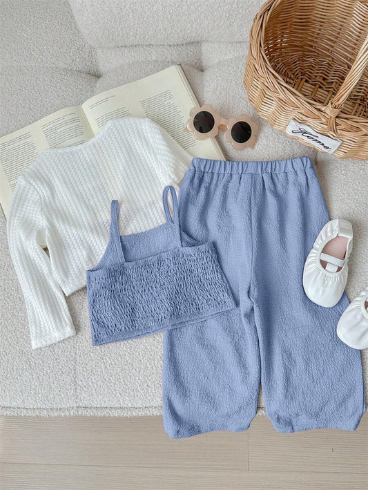 Baby Girl Cute Casual Knitted Long Sleeve Cardigan, Solid Color Tank Top & Long Pants