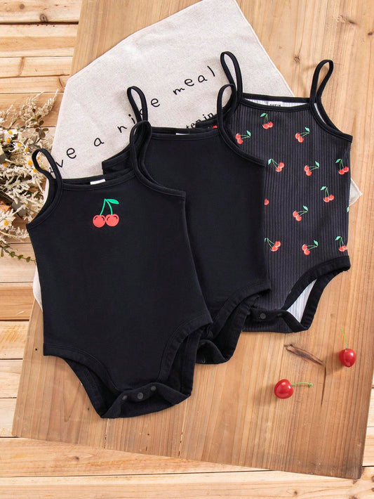 3pcs Baby Girl Casual Knitted Cartoon Patterned Romper With Open Crotch Strap Top Black