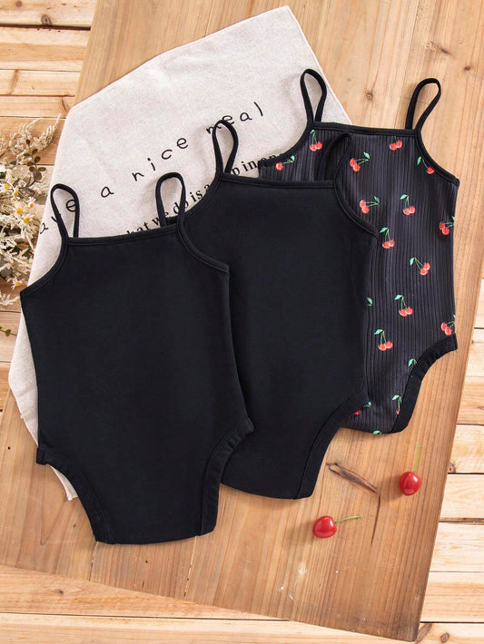3pcs Baby Girl Casual Knitted Cartoon Patterned Romper With Open Crotch Strap Top
