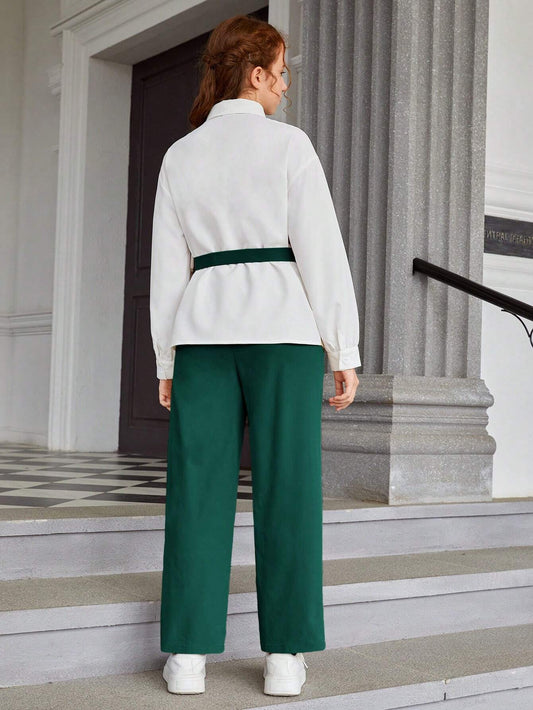 Woven Color-Block Collared Long Sleeve Shirt And Slit Hem Pants 2-Piece Set