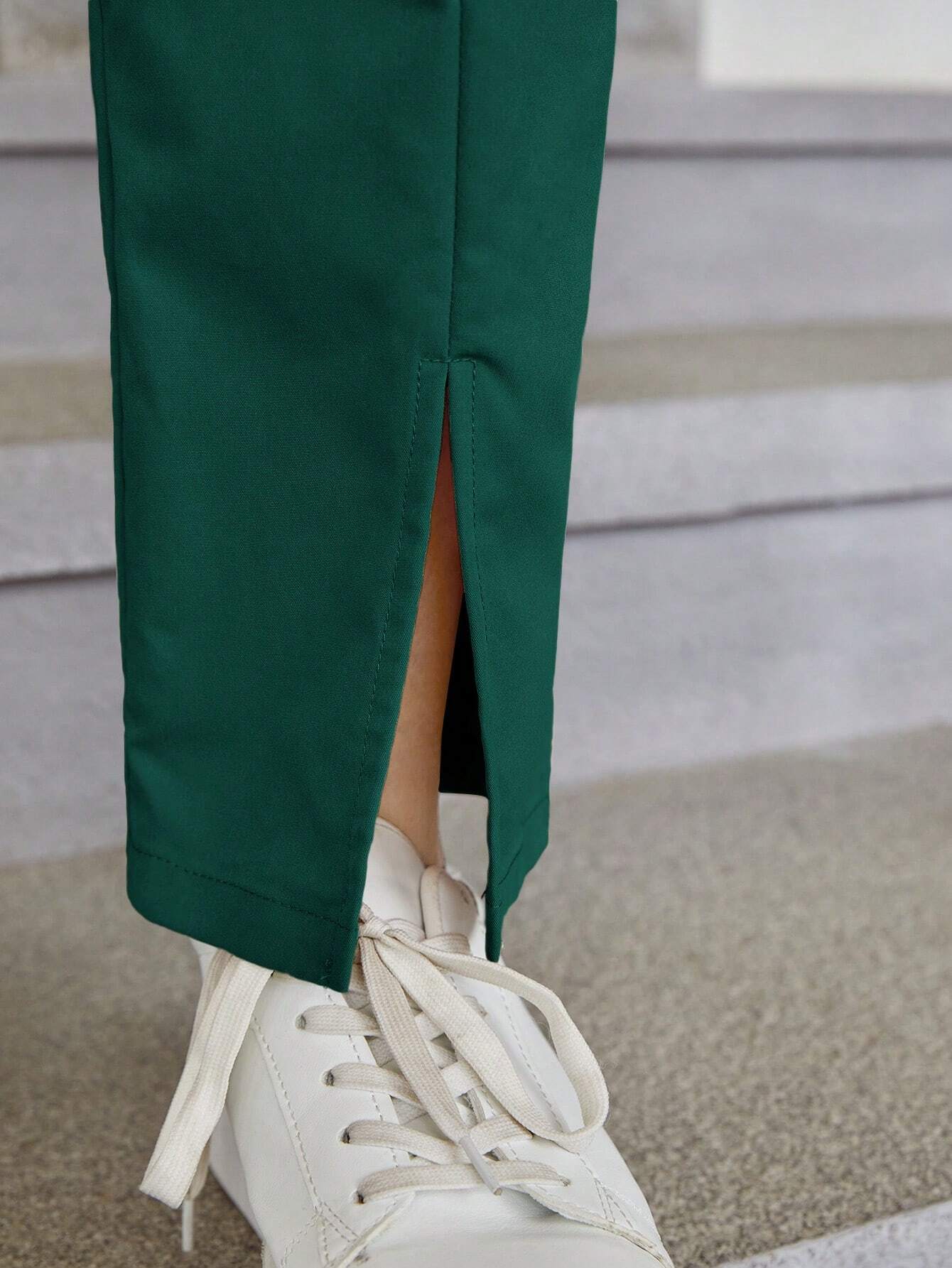 Woven Color-Block Collared Long Sleeve Shirt And Slit Hem Pants 2-Piece Set