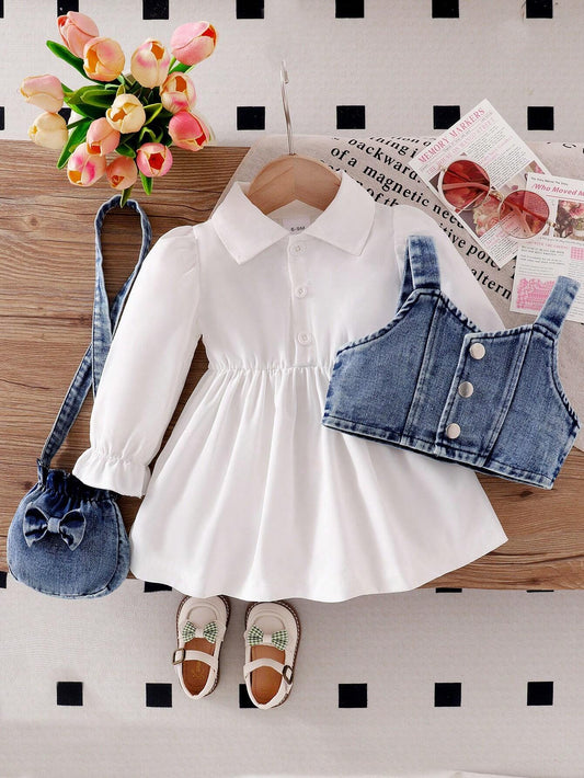 Baby Girl Denim Vest And Solid Color Dress Set With Bow Decor And Denim Crossbody Bag White