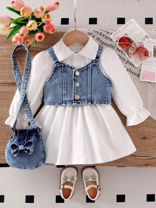 Baby Girl Denim Vest And Solid Color Dress Set With Bow Decor And Denim Crossbody Bag