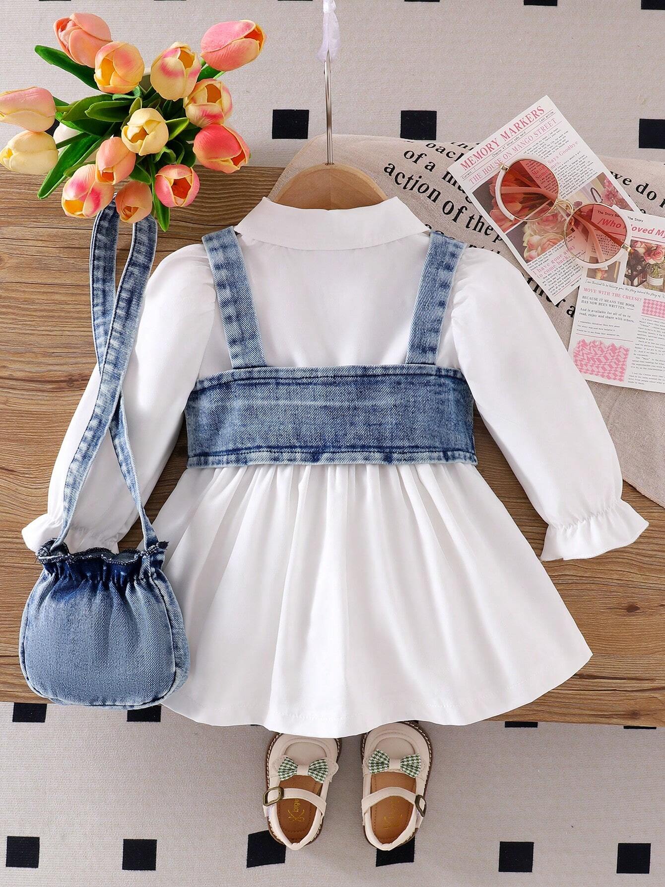 Baby Girl Denim Vest And Solid Color Dress Set With Bow Decor And Denim Crossbody Bag