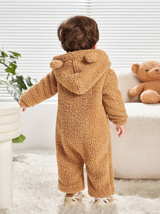 Plush Embroidered Ear Hooded Jumpsuit