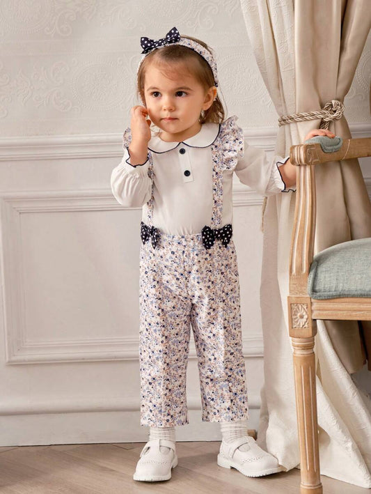 Elegant Palace Style Floral Strap Pants, Shirt And Headband Set Multicolor 18-24M