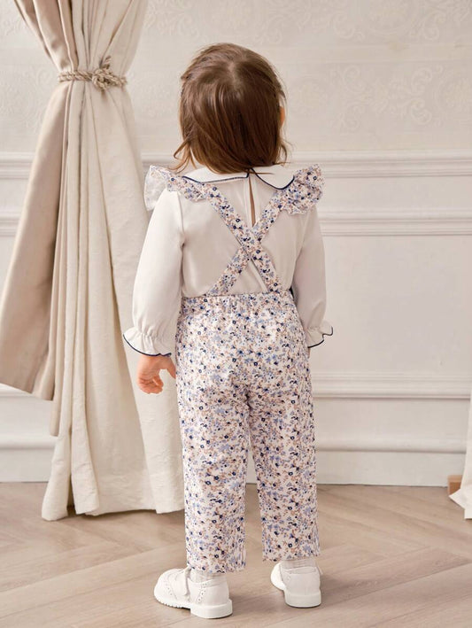 Elegant Palace Style Floral Strap Pants, Shirt And Headband Set