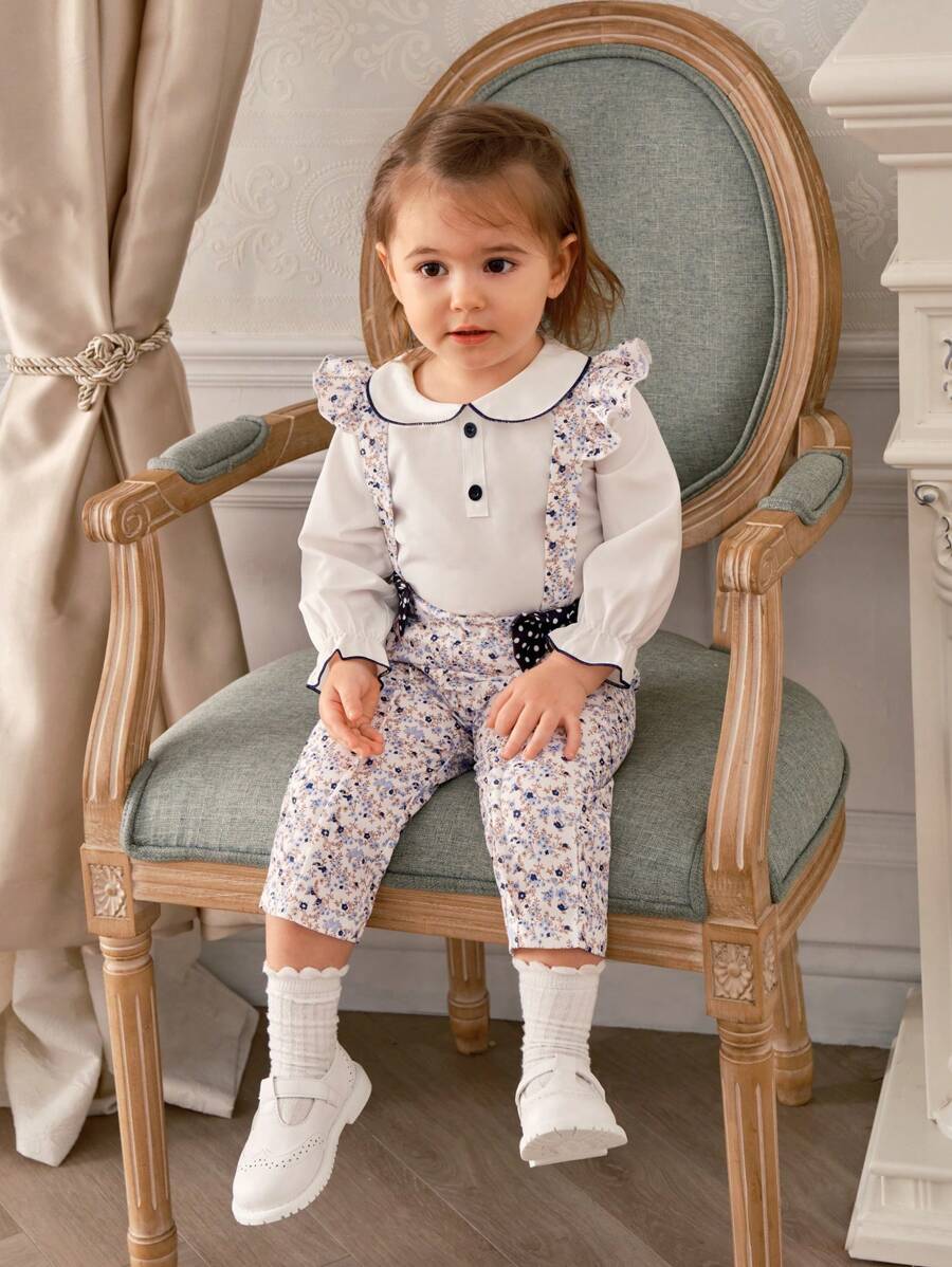 Elegant Palace Style Floral Strap Pants, Shirt And Headband Set