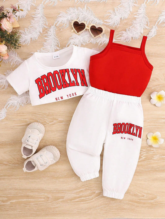 3pcs Baby Girl Casual Letter Printed T-Shirt, Tank Top And Pants Set Red & White