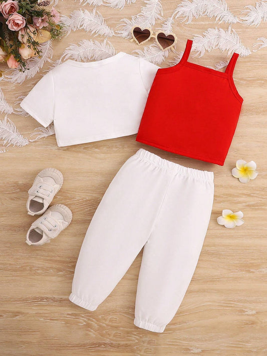 3pcs Baby Girl Casual Letter Printed T-Shirt, Tank Top And Pants Set