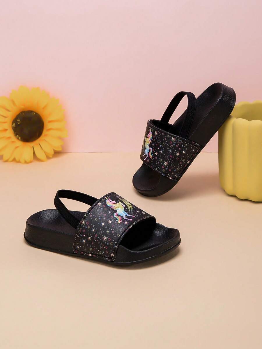 ashionable Casual Comfortable Unisex Kids Black Unicorn Outdoor Beach Sandals