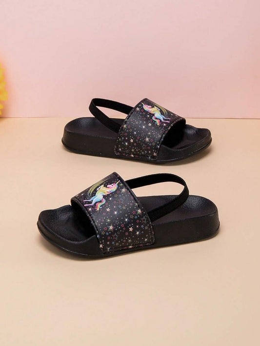 ashionable Casual Comfortable Unisex Kids Black Unicorn Outdoor Beach Sandals Black 22
