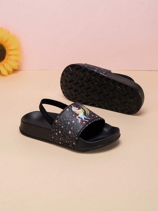 ashionable Casual Comfortable Unisex Kids Black Unicorn Outdoor Beach Sandals