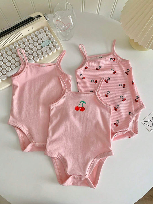Baby Girl's 3pcs Casual Knitted Cartoon Print Sleeveless Romper With Snap-On Buttons Pink
