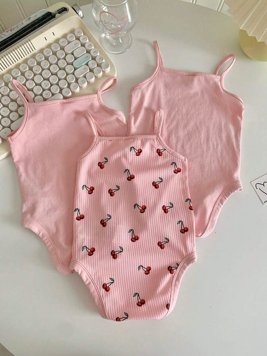 Baby Girl's 3pcs Casual Knitted Cartoon Print Sleeveless Romper With Snap-On Buttons