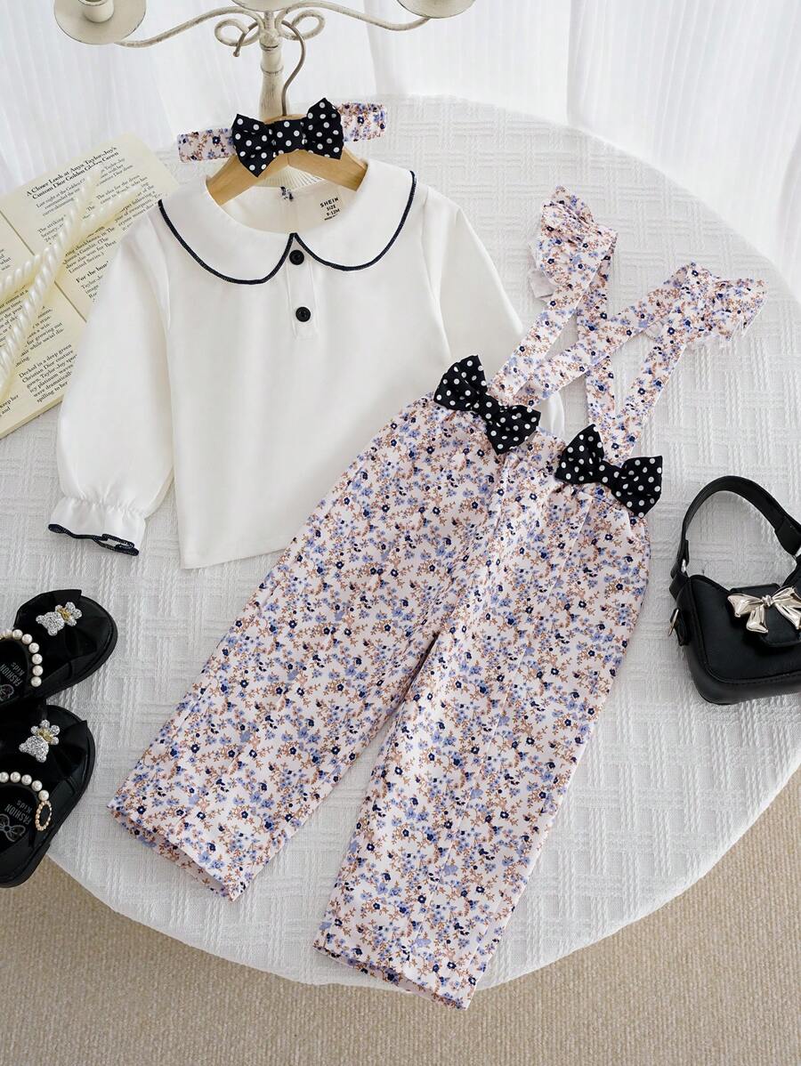 Elegant Palace Style Floral Strap Pants, Shirt And Headband Set