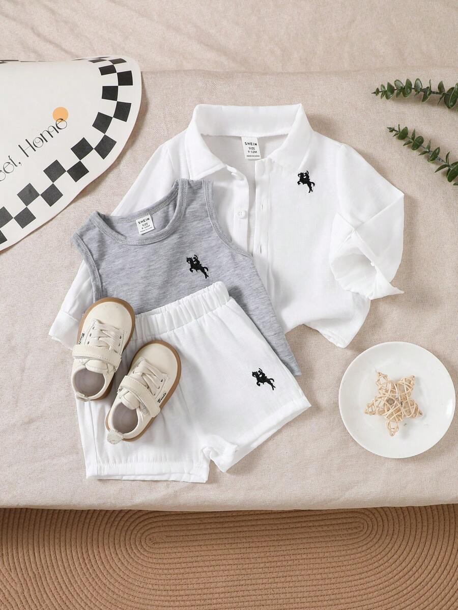 Baby Boy Button-Up Long Sleeve Shirt, Crew Neck Sleeveless Vest And Elastic Waist Shorts 3pcs Outfit Set 2-3Y