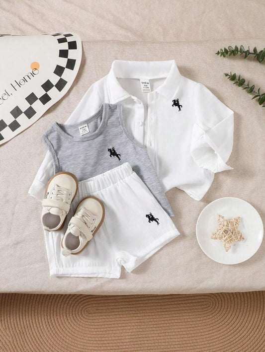 Baby Boy Button-Up Long Sleeve Shirt, Crew Neck Sleeveless Vest And Elastic Waist Shorts 3pcs Outfit Set 2-3Y