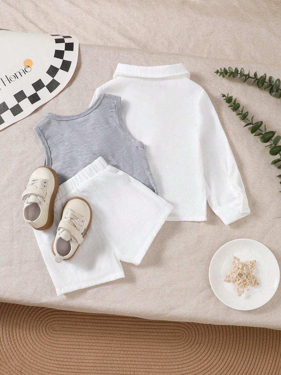 Baby Boy Button-Up Long Sleeve Shirt, Crew Neck Sleeveless Vest And Elastic Waist Shorts 3pcs Outfit Set