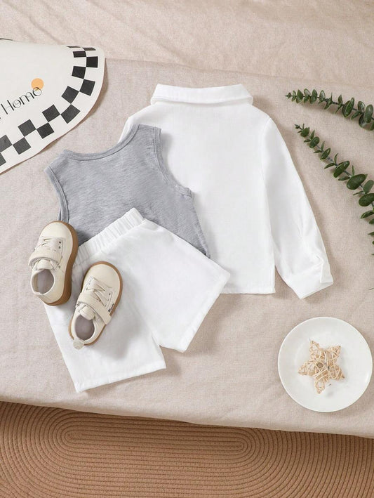 Baby Boy Button-Up Long Sleeve Shirt, Crew Neck Sleeveless Vest And Elastic Waist Shorts 3pcs Outfit Set