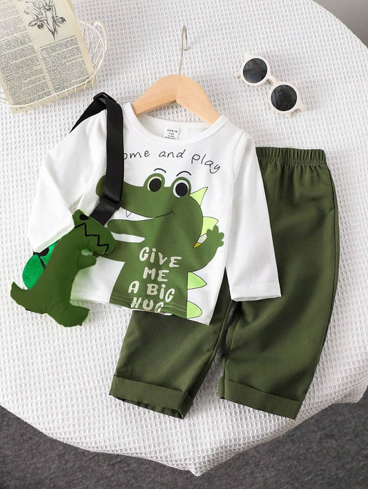 Baby Boy Adorable Cartoon Crocodile Print Long Sleeve Top And Pants White 18-24M