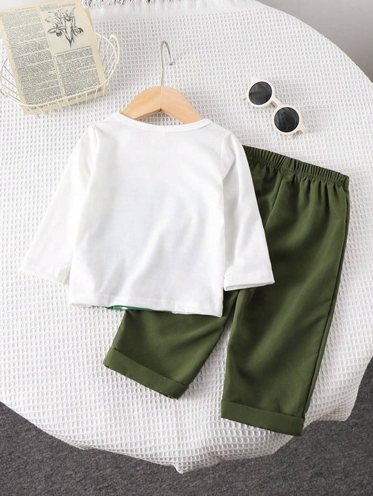 Baby Boy Adorable Cartoon Crocodile Print Long Sleeve Top And Pants