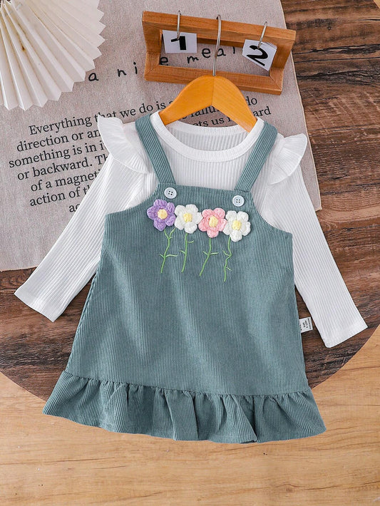 2pcs Baby Girls' Cute Casual Corduroy Flower Embroidered Bib Skirt & Long Sleeve Blouse Set Blue & White