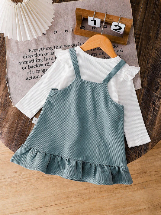 2pcs Baby Girls' Cute Casual Corduroy Flower Embroidered Bib Skirt & Long Sleeve Blouse Set
