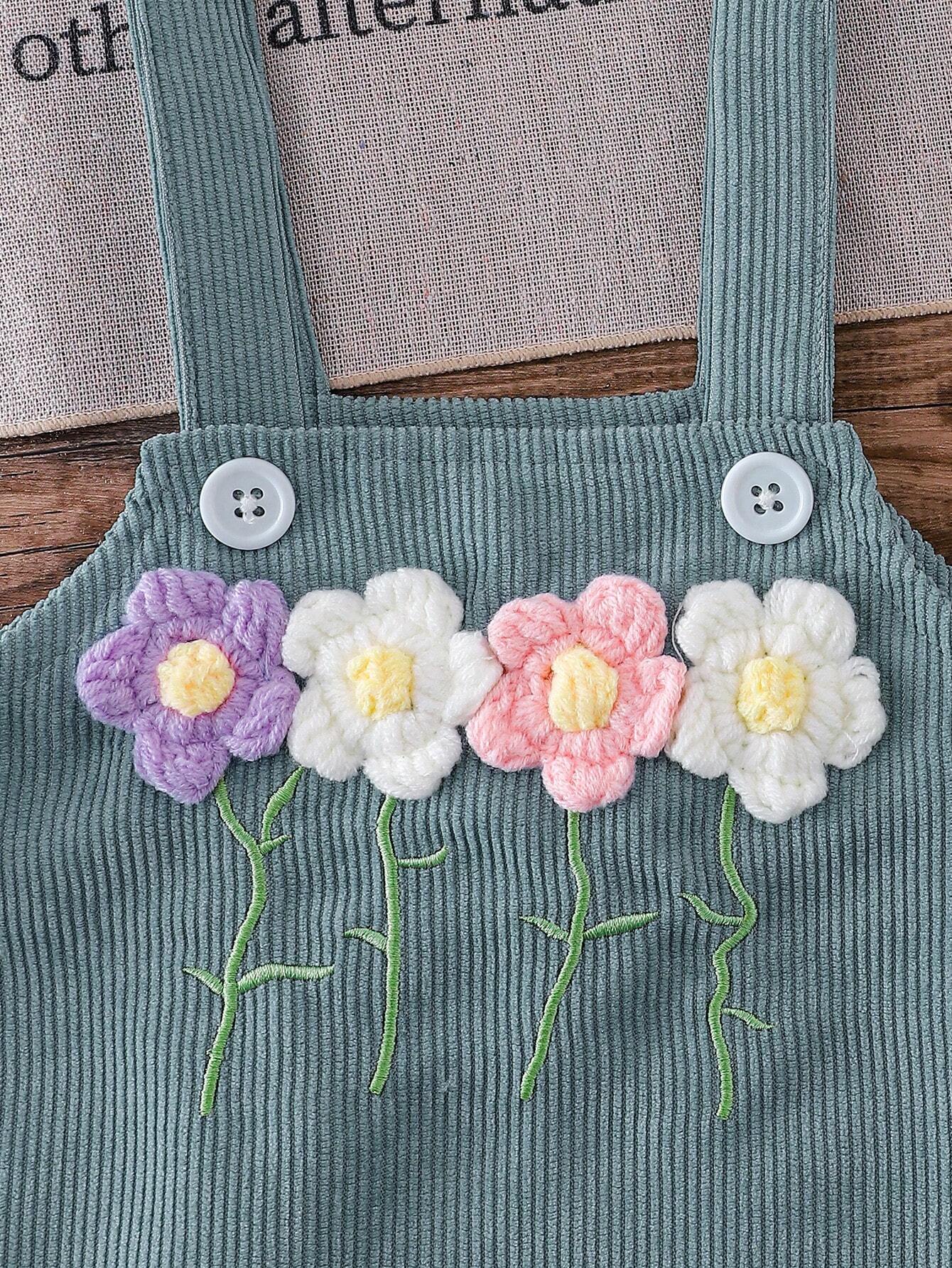 2pcs Baby Girls' Cute Casual Corduroy Flower Embroidered Bib Skirt & Long Sleeve Blouse Set