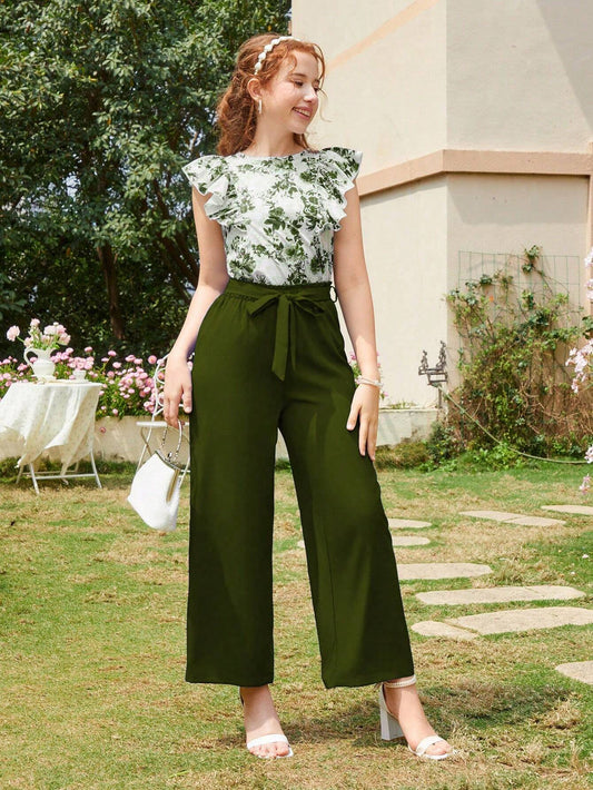 Teen Girl All Over Printed Round Neck Cap Sleeve Ruffle Trim Top And Trousers Army Green