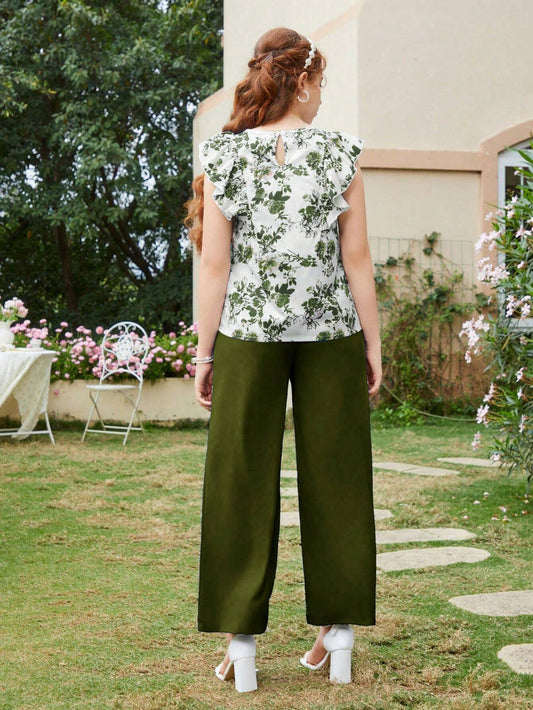 Teen Girl All Over Printed Round Neck Cap Sleeve Ruffle Trim Top And Trousers