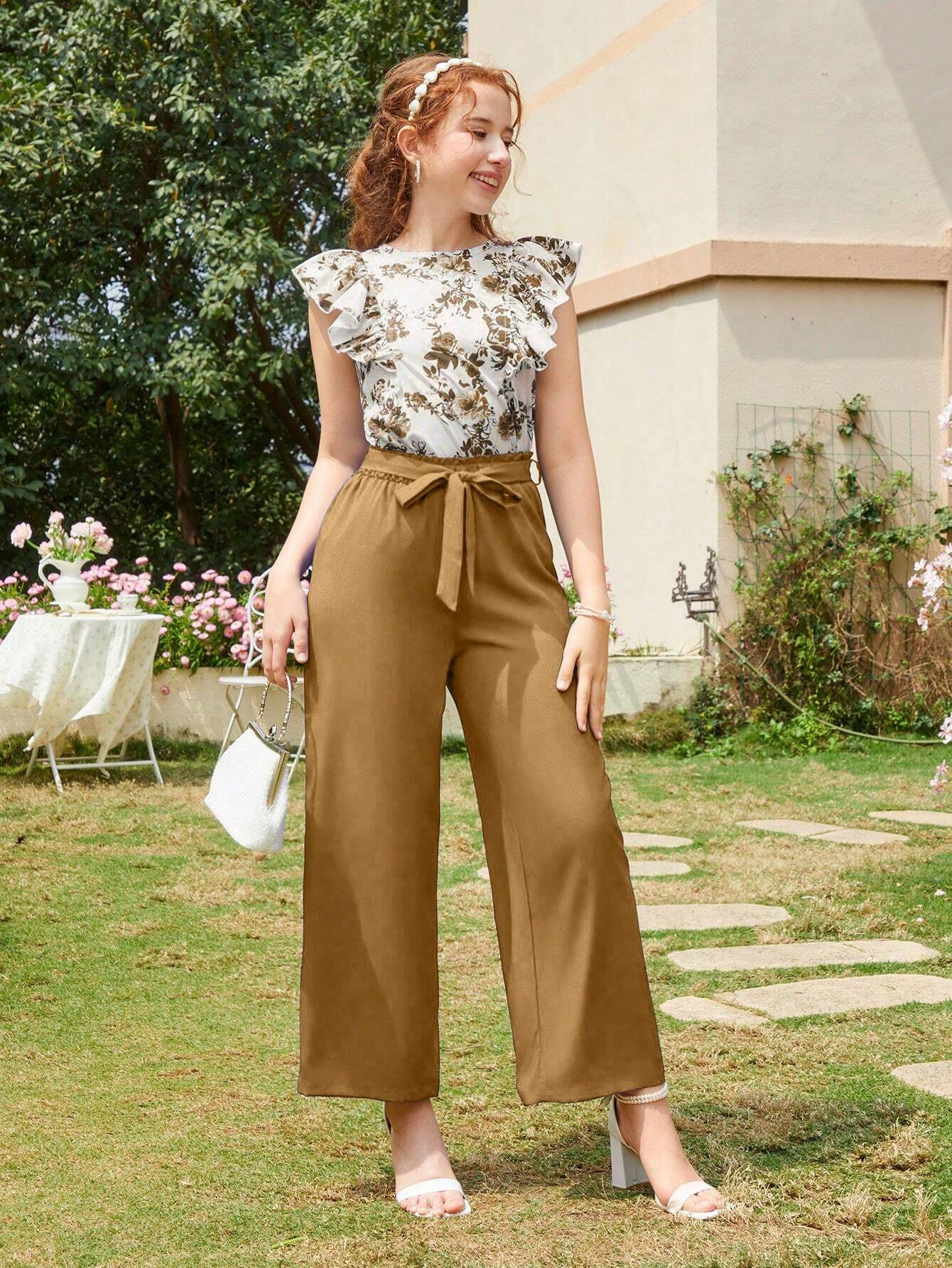 Teen Girl All Over Printed Round Neck Cap Sleeve Ruffle Trim Top And Trousers Khaki