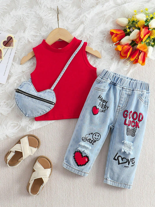 Baby Girl Casual Solid Color Collar Vest & Slogan Heart Printed Ripped Jeans Set Red