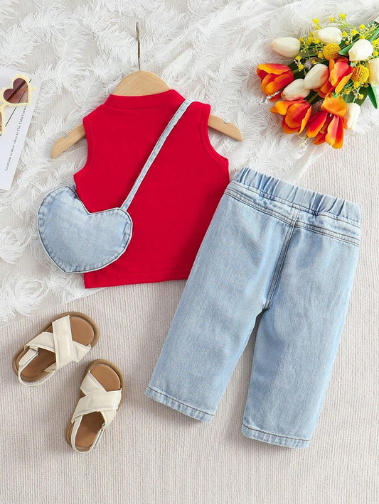 Baby Girl Casual Solid Color Collar Vest & Slogan Heart Printed Ripped Jeans Set