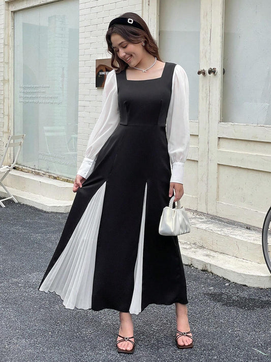 Elegant Contrast Color Patchwork Chiffon Dress Black & White