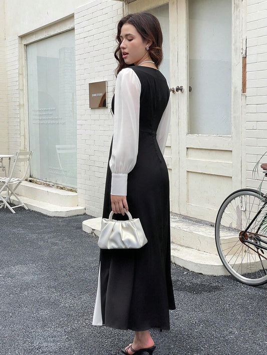 Elegant Contrast Color Patchwork Chiffon Dress