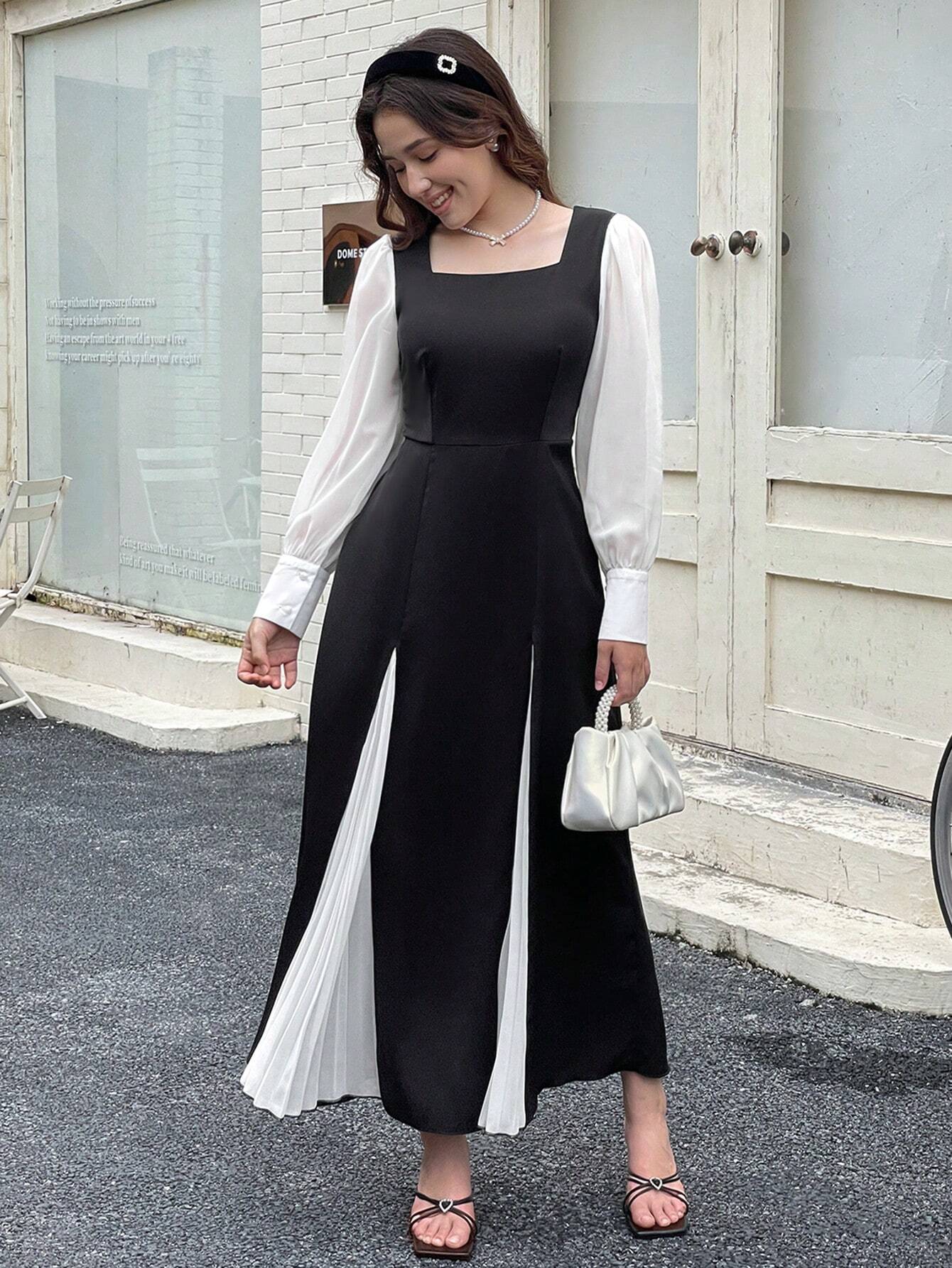 Elegant Contrast Color Patchwork Chiffon Dress