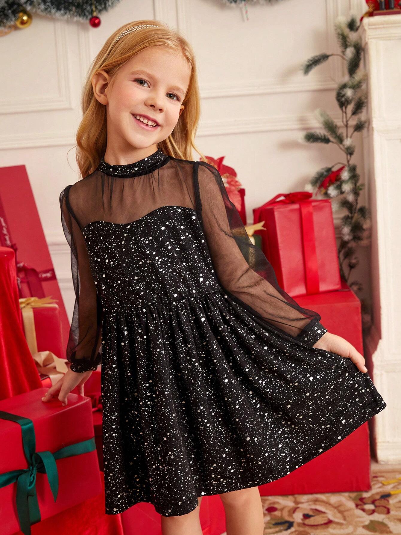 Young Girl Elegant Luxurious Ball Gown Black & Silver Foil Mesh Panel Long Sleeve Empire Waist Dress Black